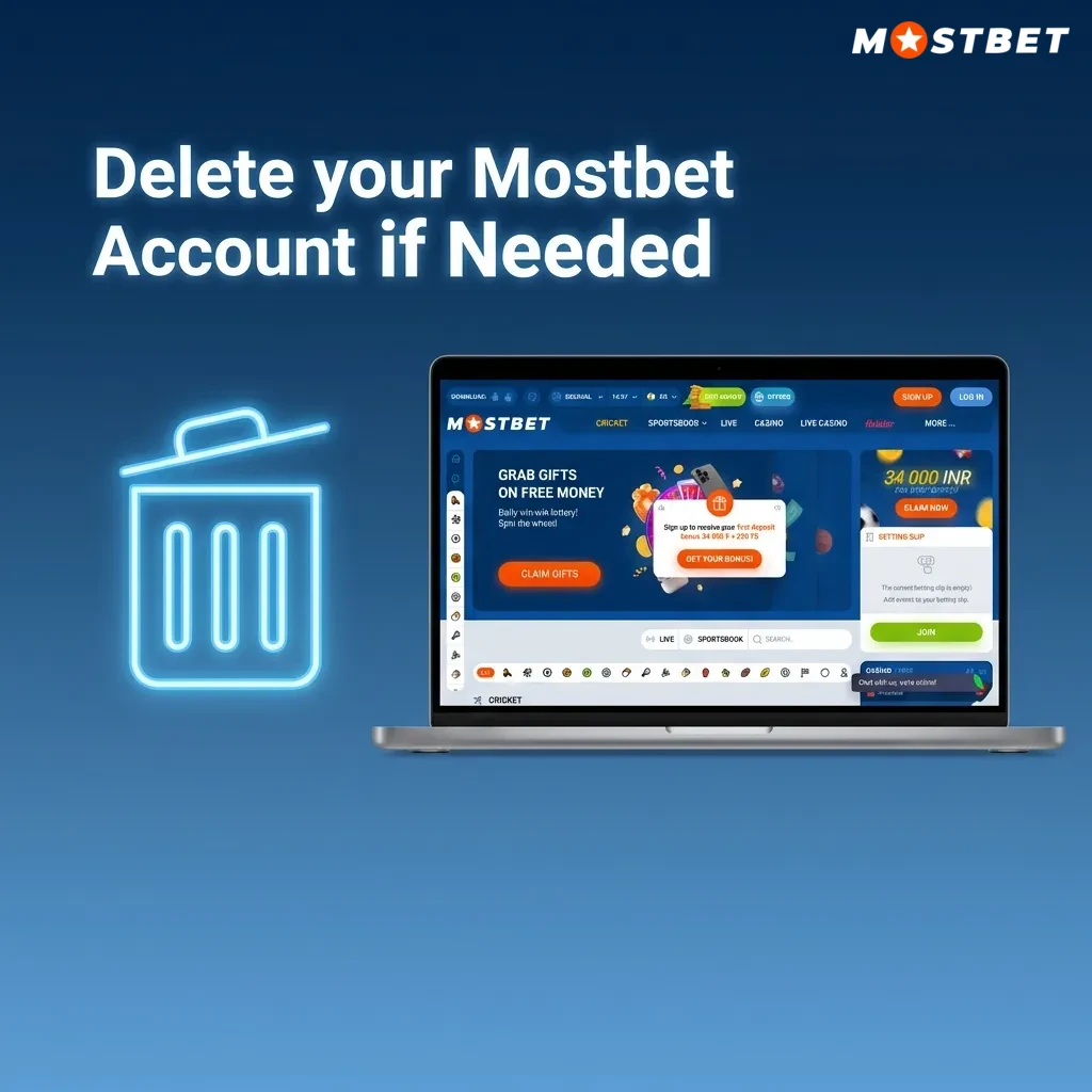 Person closing their Mostbet account on a laptop, withdrawing balance and confirming permanent deletion in settings