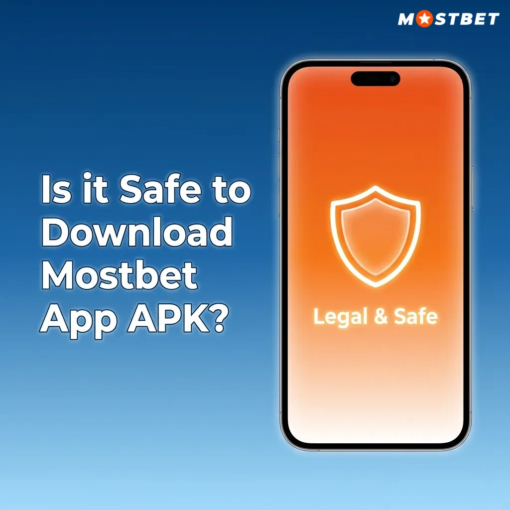 Phone screen showing Mostbet app APK with security icons and Curacao licence text ensuring safe, encrypted betting transactions
