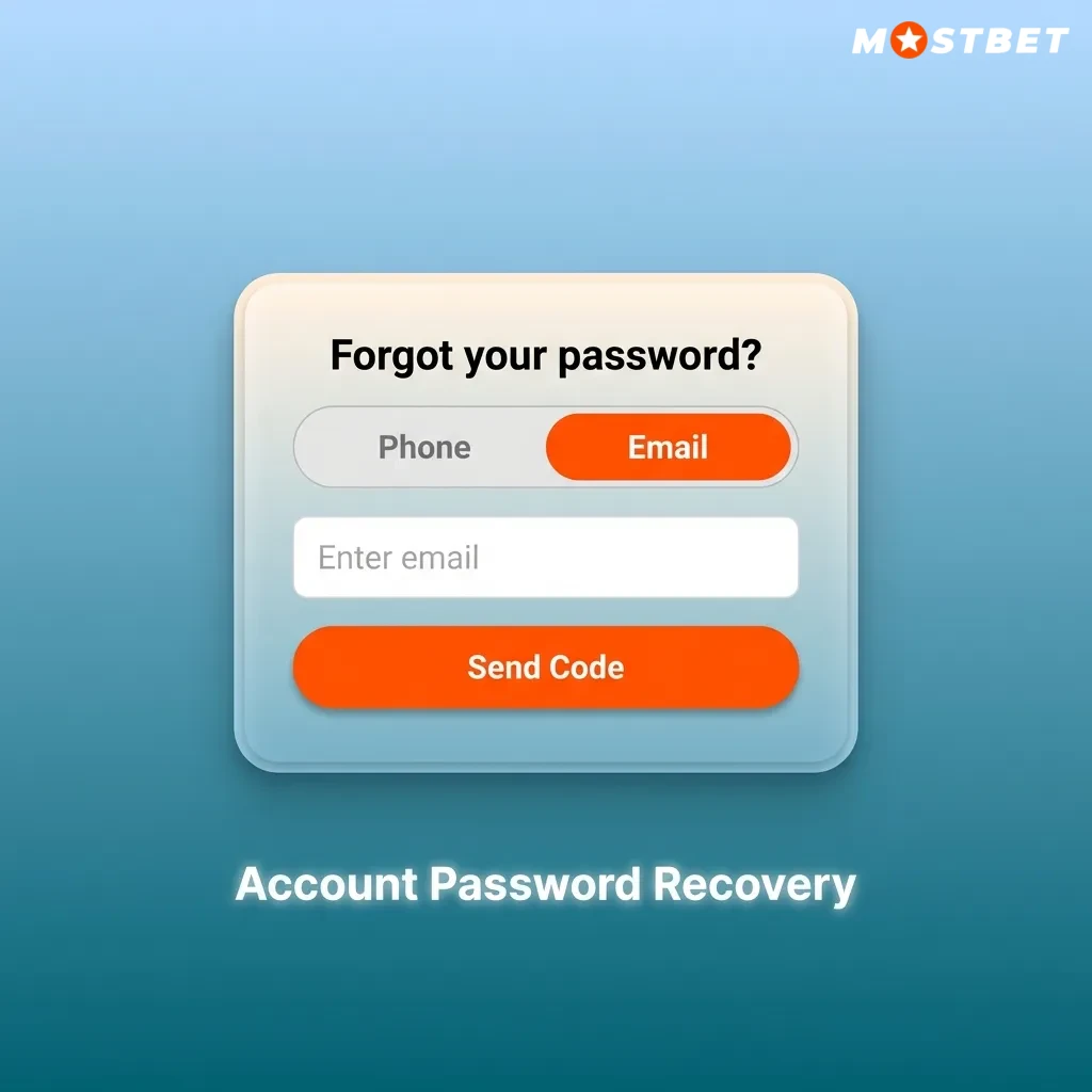 Illustration of Mostbet account password recovery steps using SMS or email reset options on a login page