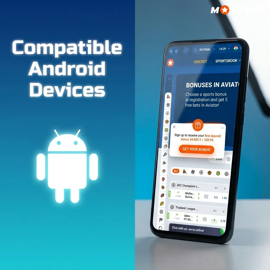 Collage of popular Android phones in India with text highlighting Mostbet APK compatibility and smooth performance