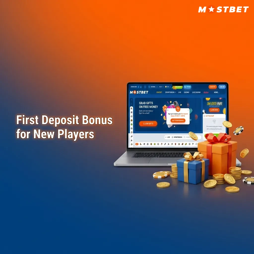 Promotional banner showing “First Deposit Bonus” with options for casino free spins and sports betting bonus for new players