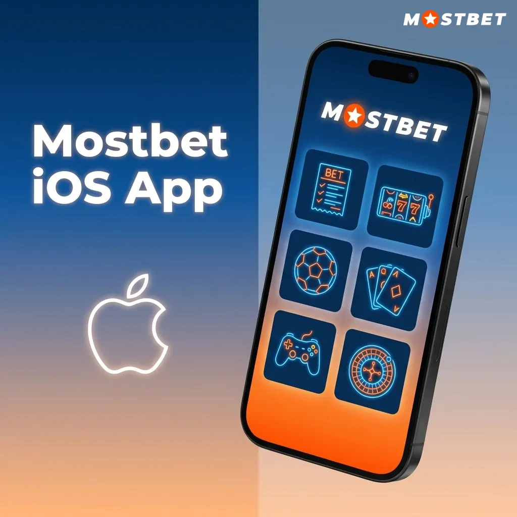 Smartphone displaying the Mostbet iOS app interface with sports betting, slots, and live casino options visible