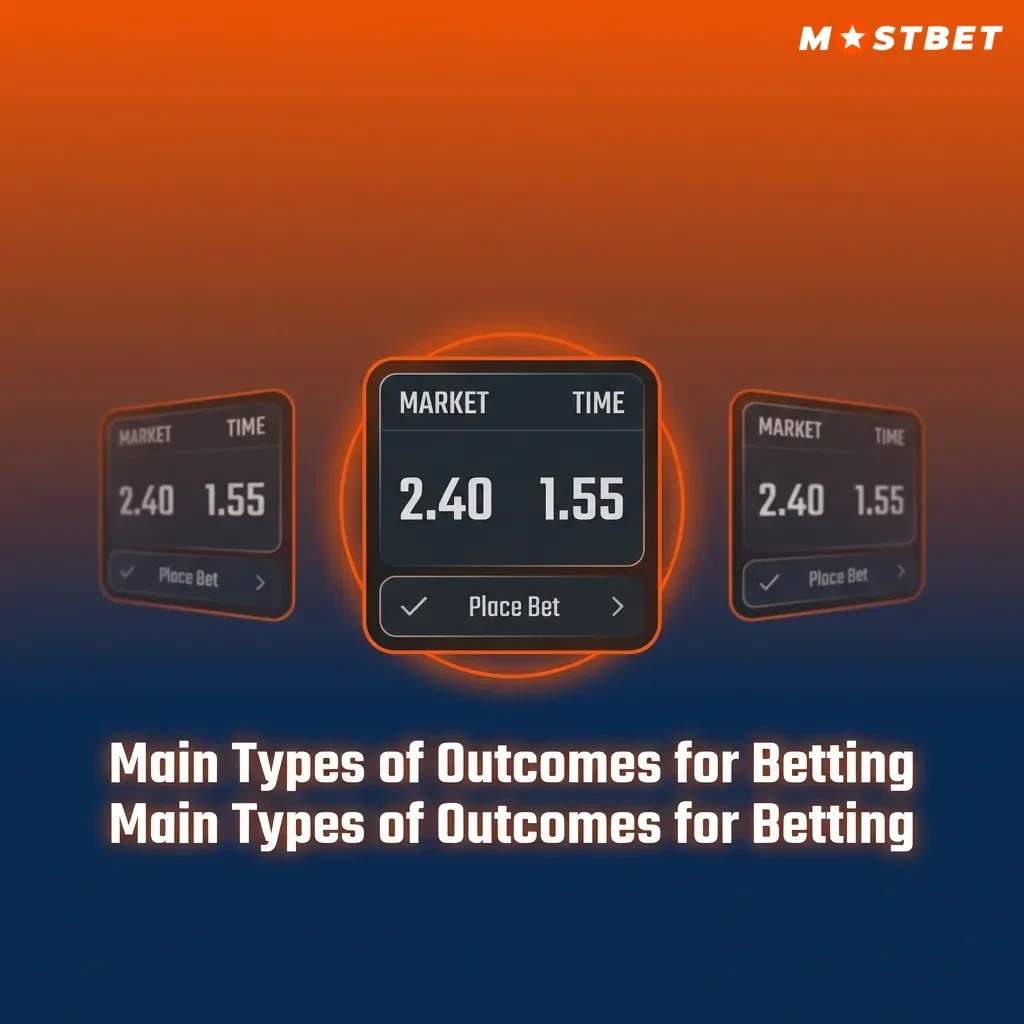 Infographic titled “Main Types of Outcomes for Betting” with icons and brief descriptions of 1X2, totals, handicaps, BTTS, and player stats