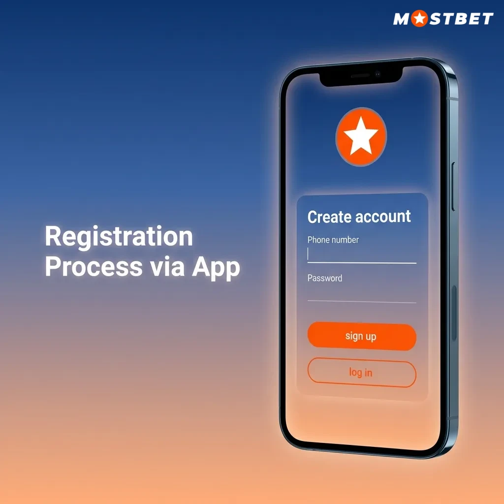 Smartphone screen showing step-by-step registration in Mostbet betting app.