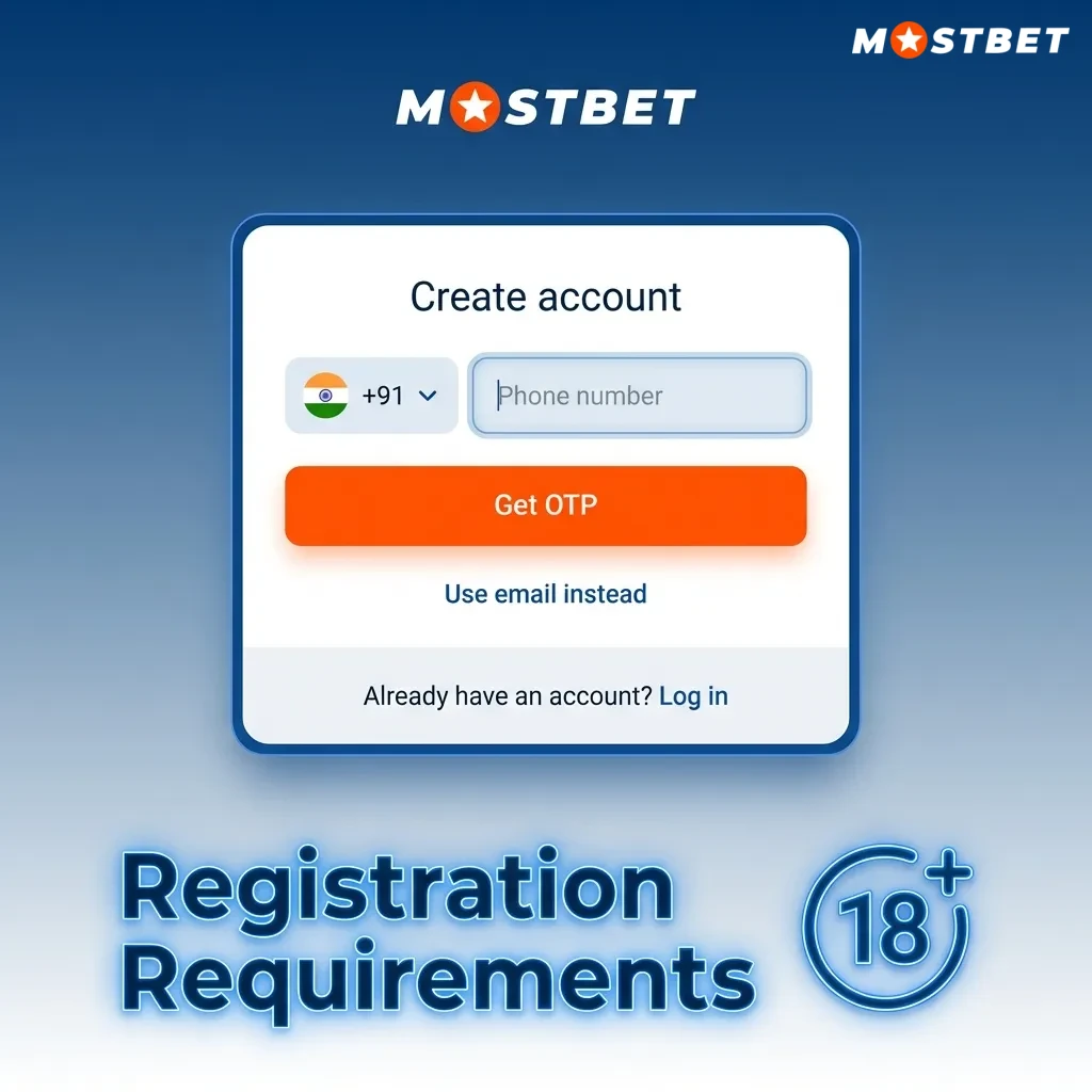 Illustrated checklist of Mostbet registration rules: age 18+, one account, accurate details, and India-friendly verification documents