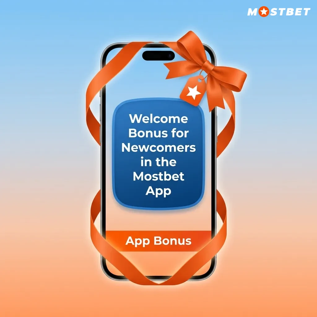 Mostbet app screen showing registration welcome bonus choice between sports betting offer and casino free spins package