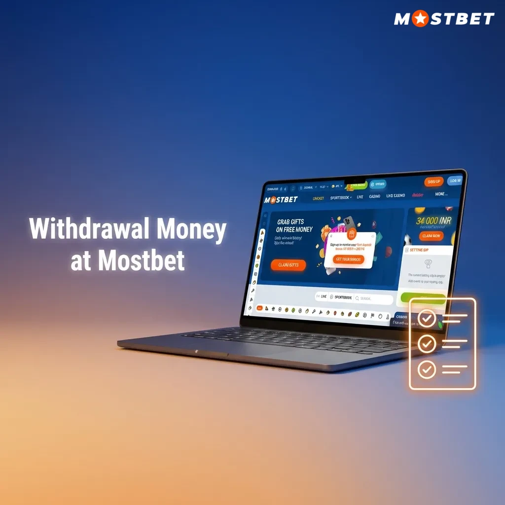 Person on laptop opening Mostbet withdrawal page, selecting Indian payment method and confirming safe payout