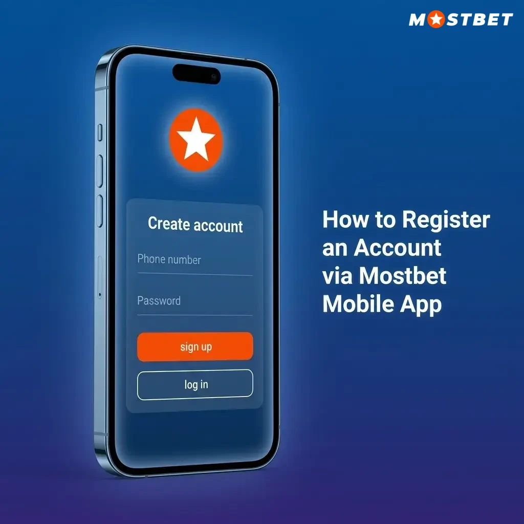 Mostbet mobile app registration screen showing account creation steps with phone, email, and social login options