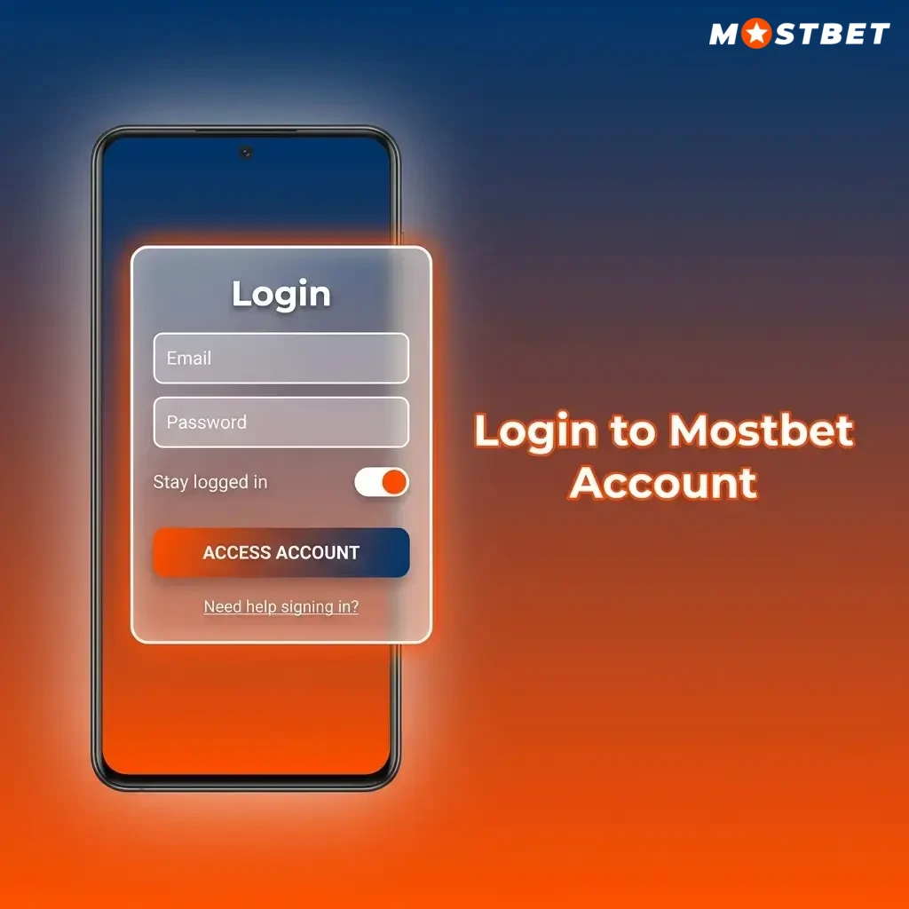 Mostbet login page showing account sign-in form with email, phone, and social media login options