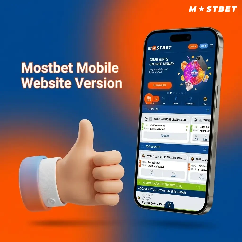 Mostbet mobile website displayed on smartphone browser with sports betting and casino games interface