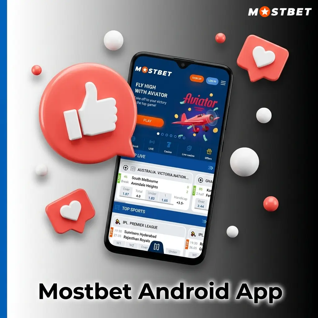 Mostbet Android app interface showing sports betting, casino games, and cricket section with INR payment support for Indian players