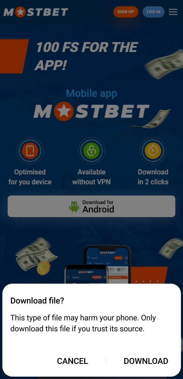Click confirmation in the system pop-up to start downloading the Mostbet app on Android.