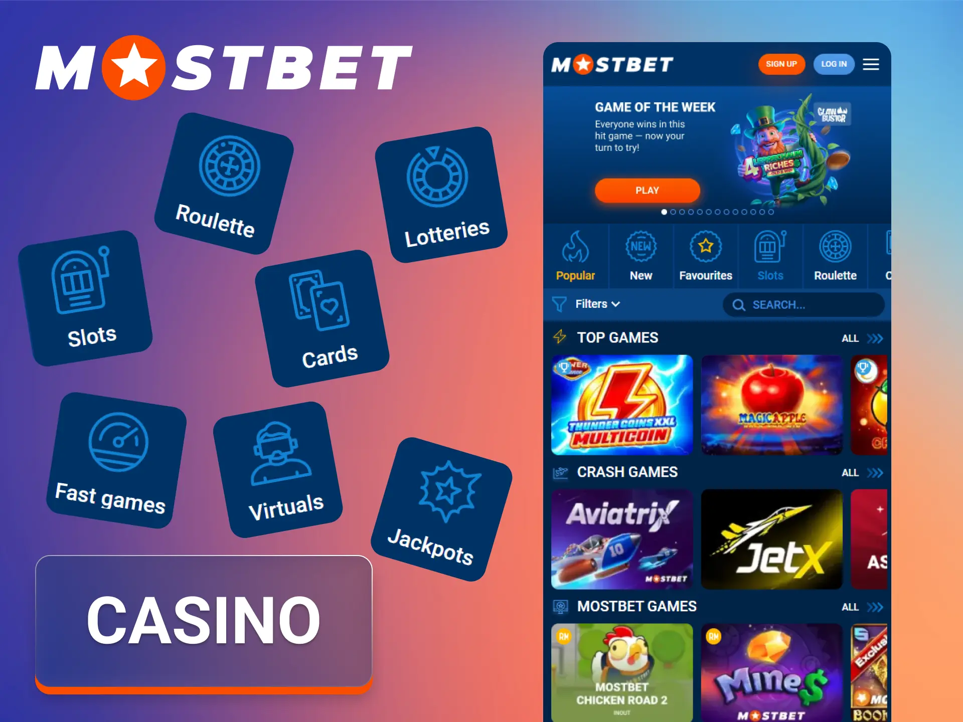 Play exciting casino slots and live dealer games in the Mostbet app.