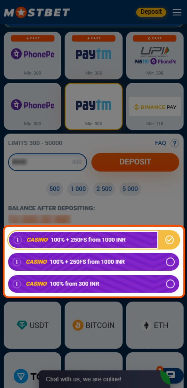 Select either the sports or casino Welcome Bonus option when signing up in the Mostbet app.