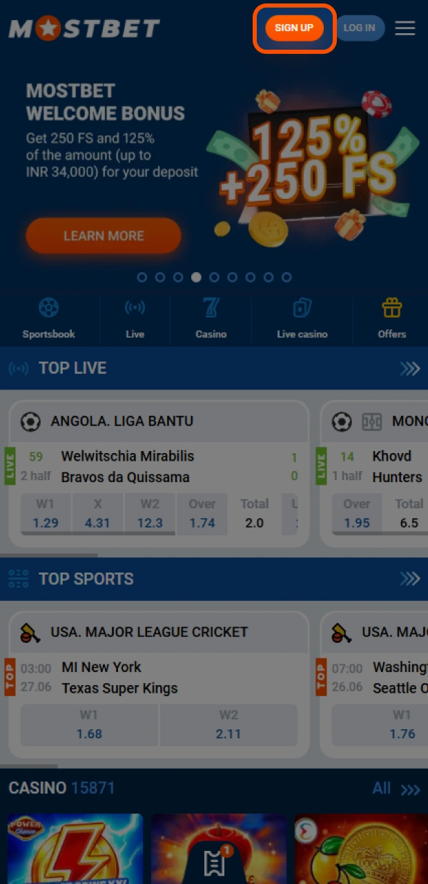 Tap the prominent registration button at the top of the screen in the Mostbet app.