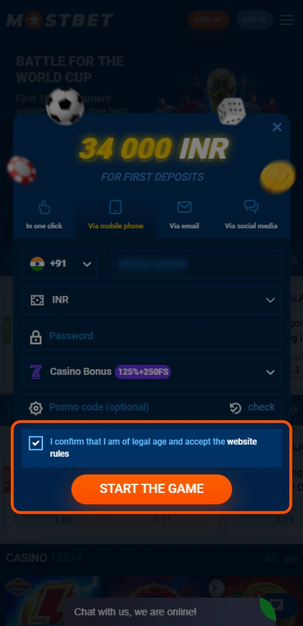 Confirm your details to successfully finish your online account registration in the Mostbet app.